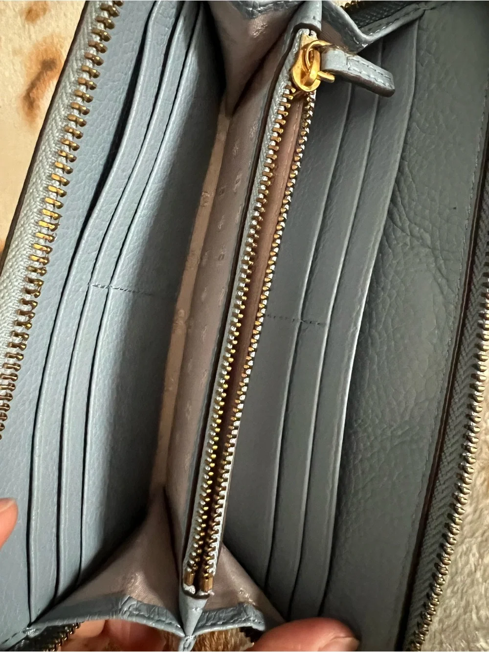 Tory Burch Steel Blue Pebbled Leather Zip Wallet with Gold Logo